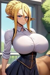 1girls ai_generated blue_eyes blush centorea's_mother embarrassed furr_app large_breasts monster_musume monster_musume_no_iru_nichijou nipples nude_female size_difference small_bra tagme white_bra yellow_hair