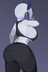 absol anthro ass big_breasts big_butt biped blue_body blue_fur bombeebus breasts clothed clothing female fur generation_3_pokemon hair hi_res looking_at_viewer looking_back mammal nintendo nipples pokemon pokemon_(species) rear_view red_eyes simple_background solo white_body white_fur