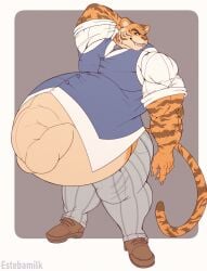 ambiguous_gender anthro beastars belly bengal_tiger big_belly big_muscles bill_(beastars) body_outline bottomwear bulge claws clothed clothing detailed_bulge duo estebamilk fangs felid footwear fully_clothed genital_outline hi_res huge_belly looking_at_viewer male male_pred mammal muscular muscular_arms muscular_male necktie oral_vore pantherine pants pattern_bottomwear pattern_clothing pattern_pants penis_outline shirt shoes stomach_bulge striped_bottomwear striped_clothing striped_pants stripes teeth tiger topwear vest vore