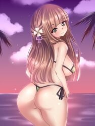 1girls ass beach bikini blush brown_hair closed_mouth clouds cowboy_shot dimension252525 eyebrows_visible_through_hair female flower_ornament gochuumon_wa_usagi_desu_ka? hair_ornament hime_cut large_breasts long_hair looking_at_viewer looking_back micro_bikini outdoors palm_tree shiny shiny_hair shiny_skin sunset swimsuit thick_thighs ujimatsu_chiya