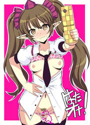 blush bow bra bra_lift breasts brown_eyes brown_hair cellphone checkered checkered_skirt female hairbow hand_on_hip hat hatate_himekaidou kondou_ryunosuke navel necktie nipples open_clothes open_shirt panties panty_pull phone pointy_ears polka_dot polka_dot_bra pubic_hair puffy_short_sleeves puffy_sleeves shirt short_sleeves skirt solo sweatdrop thighhighs tied_hair tokin_hat touhou twintails underwear vibrator vibrator_in_thighhighs vibrator_under_panties wavy_mouth wet_panties