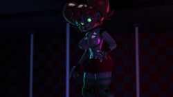 3d 4k big_breasts circus_baby circus_baby_(fnaf) creepy_atmosphere dark_room disboi215 female five_nights_at_freddy's five_nights_at_freddy's:_sister_location glowing_eyes green_eyes highres kneehighs kneesocks looking_at_viewer pink_fingernails pink_nipples red_hair red_shorts sfm solo solo_female source_filmmaker thin_waist topless topless_female