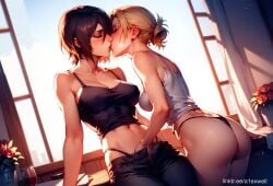 2girls a1exwell ai_generated annie_leonhardt attack_on_titan crop_top fingering fingering_under_clothes hand_in_panties hand_in_pants hand_under_clothes highleg_panties kissing masturbation masturbation_under_clothes mikasa_ackerman shingeki_no_kyojin stable_diffusion thong vulva_handjob yuri