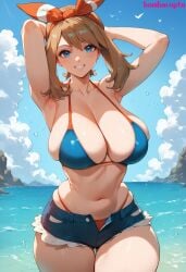 ai_generated beach big_breasts bikini bikini_bottom bikini_top blonde_hair blue_eyes bombacopta breasts cleavage female game_freak huge_breasts large_breasts may_(pokemon) may_(pokemon_oras) ocean pokemon sideboob smile solo solo_female swimsuit swimwear thick_thighs