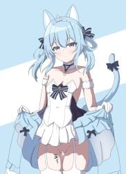 animal_ears azur_lane bare_shoulders black_ribbon blue_eyes blue_hair bottomless breasts cat_ears cat_girl cat_tail closed_mouth clothes_lift cum cum_in_pussy dress dress_lift erciyuan_fan_mou female frilled_dress frills garter_straps gloves groin highres light_blush medium_hair official_alternate_costume ribbon simple_background sleeveless sleeveless_dress small_breasts solo suzunami_(azur_lane) suzunami_(winter_beauty's_ball_gown)_(azur_lane) tail tail_ornament tail_ribbon tally thighhighs tiara white_garter_straps white_gloves white_thighhighs