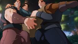 3boys big_bulge bigger_dom buff carrying disney dizdoodz eugene_fitzherbert flynn_rider male male_only multiple_boys stabbington_brothers tagme tangled