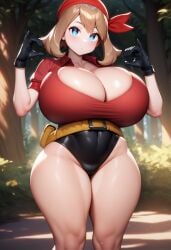 ai_generated big_breasts blonde_hair blue_eyes breasts brown_hair chichiyama cleavage female game_freak huge_breasts large_breasts light-skinned_female light_skin may_(pokemon) pokemon short_hair smile solo solo_female