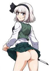 1girls ai_generated blouse blue_eyes bob_cut booty cocked_hip cute_ass flat_ass frown green_clothing jacket konpaku_youmu looking_at_viewer looking_back no_panties raised_skirt skirt small_ass touhou white_background white_hair youmu_konpaku zfivefan