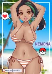 1girls beach big_breasts bikini black_hair blush breasts brown_eyes female female_only green_hair huge_breasts human large_breasts misune_art multicolored_hair nemona_(pokemon) nintendo pokemon pokemon_sv solo tagme tan-skinned_female tan_skin thick_thighs thighs