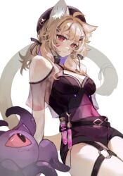 1girl ahoge animal_ears bangs bare_shoulders belt black_headwear black_skirt blonde_hair breasts cat_ears cat_tail catgirl choker cleavage cowboy_shot face_markings facial_mark female garter_straps hair_ornament hairclip hat long_hair looking_at_viewer medium_breasts navel red_eyes scar skirt smile solo solo_female solo_focus squchan_(vtuber) standing striped syringe tail twintails virtual_youtuber vyugen white_background x_hair_ornament