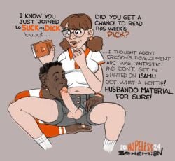 belly_button book dark-skinned_male dialogue earrings futa_on_male futanari glasses hard_on hopelessbohemian interracial letterman_jacket school_uniform schoolgirl sucking_penis through_clothes