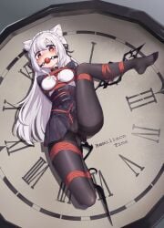 absurdres analog_clock animal ball_gag black_pantyhose bondage bound breasts clock corset crotch_rope dress female female_only femsub fully_clothed gag highres long_hair medium_breasts original pantyhose pleated_skirt red_eyes restrained rope shibari_over_clothes skirt white_hair xiongmao