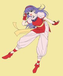 1girls athena_asamiya bending_forward bent_forward earring female gloves hair_ornament king_of_fighters light-skinned_female light_skin long_hair looking_at_viewer necklace open_mouth pale-skinned_female pale_skin purple_eyes purple_hair smiling_at_viewer