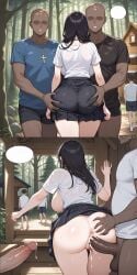 1girls ahe_gao ahoge ai_generated ass_grab behind cheating clothed_female_nude_male completely_nude covering_eyes cum_covered cum_in_pussy dark-skinned_male female_focus from_behind from_behind_position glasses huge_ass huge_breasts huge_cock interracial light-skinned_female light_skin male netorare ntr nude orgasm penis room sex short_hair skirt spitroast testicles thicc_ass thong threesome zadbhell