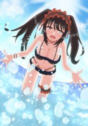 2d 2d_(artwork) arms_open big_breasts bikini black_hair breasts cleavage date_a_live female female_only heterochromia light-skinned_female red_eyes sea smile solo solo_female solo_focus thighs tokisaki_kurumi twintails