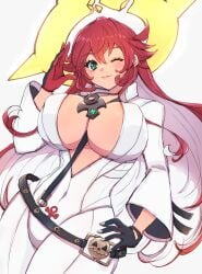 bodysuit clothed guilty_gear guilty_gear_strive huge_breasts jack-o'_valentine looking_at_viewer red_hair thick_thighs