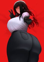 1girls ass ass_focus big_ass big_breasts black_hair black_pants bottomwear breasts bubble_ass bubble_butt bursting_breasts chainsaw_man clothing dat_ass female female_only hair huge_ass huge_breasts large_ass long_hair pants pointing pointing_at_viewer red_background red_eyes rek1610 scar scar_on_face shirt solo solo_female thighs topwear white_shirt yoru_(chainsaw_man)