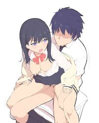 1girls bangs black_hair blue_eyes blue_skirt blush bottomless breasts cardigan cheating clothed_sex clothing cowgirl_position eguegu exposed_breasts female female_on_top highres long_hair long_sleeves male open_clothes open_mouth open_shirt penetration school_uniform sex shirt sitting skirt skirt_lift spread_legs ssss.gridman takarada_rikka vaginal_penetration white_shirt