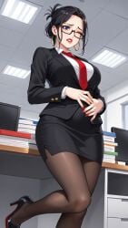 ai_generated belly curvy curvy_figure glasses office_lady one_eye_closed pantyhose skirt solo_female suit_and_tie swollen_belly upset_stomach weight_gain worried