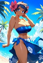 ai_generated bandeau bangs bare_arms bare_shoulders beach bikini black_hair blue_bikini blue_eyes blue_hair blue_sky blue_swimsuit blush breasts brown_hair bursting_breasts clavicle cleavage clothing cloud dark-skinned_female dark_skin day female female flower hair_flower hair_ornament hand_on_own_face huge_breasts large_breasts looking_at_viewer midriff navel ocean outdoors palm_tree phoebe_(pokemon) pokemon pokemon_(anime) pokemon_(game) pokemon_character sand sarong short_hair skindentation sky smile solo standing strapless swimsuit thighs tree water