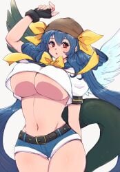 blue_hair clothed dizzy_(guilty_gear) exposed_torso guilty_gear guilty_gear_xrd huge_breasts red_eyes tail twintails underboob wings