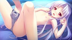 akabei_soft3 aotsuki_shinobu bed blush breasts cameltoe dekinai_watashi_ga,_kurikaesu fingering flat_chest furukawa_ren game_cg long_hair nipples panties red_eyes spread_legs topless underwear