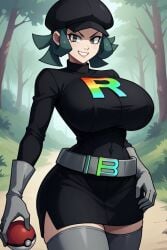 1girls ai_generated awesomeness98778 big_breasts civitai cowboy_shot dressed evil_grin evil_smile forest gloves green_eyes green_hair hat hourglass_figure large_breasts looking_at_viewer outside pixai pokeball pokemon pokemon short_hair solo solo_female solo_focus team_rocket team_rocket_grunt uniform voluptuous voluptuous_female