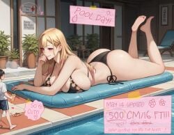 bikini blonde_hair couple female floral_print giantess growth huge_ass huge_breasts kitagawa_marin magenta_eyes mini_giantess sequence size_difference sono_bisque_doll_wa_koi_wo_suru thick_thighs wide_hips