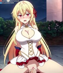 1boy ai_generated aliceliese_lou_nebulise_ix arms_behind_back bangs bare_shoulders blonde_hair blush breasts cleavage cleavage_cutout clothed_sex clothing clothing_cutout cowgirl_position cowgirl_position dress female female hair_between_eyes hair_ribbon kimi_to_boku_no_saigo_no_senjou_arui_wa_sekai_ga_hajimaru_seisen large_breasts long_hair looking_at_viewer male nakadashi night night_sky nose_blush on_top open_mouth outdoors overflow penis pov_crotch ranwai red_eyes red_ribbon ribbon semen sex short_dress sky sleeveless sleeveless_dress solo_focus spread_legs stable_diffusion straddling straight sweat sweatdrop vagina vaginal_penetration very_long_hair white_dress