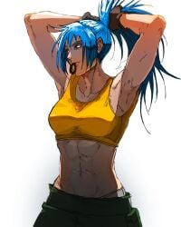 1girls abs armpits arms_up belly bite blue_eyes blue_hair clothed female gloves grabbing_hair hands_behind_head hands_up king_of_fighters leona_heidern light-skinned_female light_skin long_hair military pants standing tank_top tied_hair toned toned_female topwear yellow_tank_top