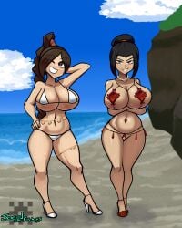 avatar_the_last_airbender azula beach bikini breasts brown_eyes brown_hair clavicle clothing day female footwear hair_tubes high_heels high_ponytail huge_breasts jewelry joeydrawss looking_at_viewer micro_bikini multiple_girls navel navel_piercing necklace ocean one_eye_closed outdoors piercing ponytail pose red_bikini red_footwear red_swimsuit rn2girls rnazula rnbare_shoulders rnblack_hair rncrossed_arms rnfull_body rnhigh_resolution rnmatching_hair_and_eye_color rnwink shoes sky standing swimsuit thick_thighs thighs tied_hair ty_lee white_bikini white_footwear white_swimsuit