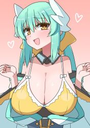 1girls akitokage aqua_hair bare_shoulders blush bra breasts busty cleavage color detached_collar dragon_horns fate/grand_order fate_(series) female female_only gradient_background hair_ribbon horns huge_breasts kiyohime_(fate/grand_order) kiyohime_(swimsuit_lancer)_(fate) large_breasts looking_at_viewer ponytail smile solo swimsuit tied_hair twintails yellow_eyes