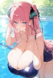 ai_generated bare_legs blue_eyes breasts_bigger_than_head enormous_breasts gigantic_breasts go-toubun_no_hanayome hair_ribbon huge_breasts huge_thighs light-skinned_female light_skin long_hair looking_at_viewer lovesora404 massive_breasts nakano_nino one-piece_swimsuit pink_hair smiling solo_female squatting sweat sweatdrop swimsuit thick_thighs thighs voluptuous voluptuous_female