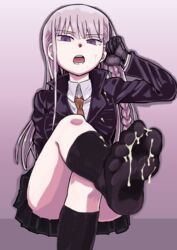 braid cum cum_on_feet cum_on_lower_body danganronpa danganronpa_1 feet female foot_fetish gloves jacket kirigiri_kyouko long_hair necktie pleated_skirt pov_feet purple_eyes single_braid skirt socks solo straight_hair yuzu_gin_(pika97)