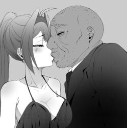 black_dress blush closed_eyes commission cuckold cute_face fat_man in_love kissing manga mind_break mind_control netorare original original_character pressing_breasts_together skru suit ugly_man