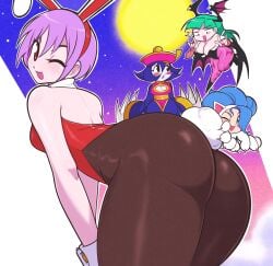 4girls age_difference ass big_ass big_breasts big_butt blue_hair bottom_heavy breasts bubble_butt bunny_ears bunny_girl bunny_tail bunnysuit darkstalkers felicia_(darkstalkers) female female_only green_hair head_wings hi_res highres hsien_ko jeffmiga large_ass large_breasts lei-lei lei_lei lilith_aensland morrigan_aensland multiple_girls purple_hair small_breasts succubi succubus succubus_wings wings