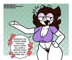 accurate_art_style black_clothes black_eyes black_panties black_underwear blush breasts brown_hair cleavage clothing crop_top english_language english_text eyewear female female_pubic_hair glasses hand_on_hip heart jaiden jaiden_(jaiden_animations) jaiden_animations jaidenanimations large_breasts long_hair looking_at_viewer navel no_pants open_mouth pantsu pubic_hair purple_shirt shiny_eyelids shirt slut_eyelids smile solo steca text thelazyart thick_legs thick_thighs thighs thong underwear wide_hips youtube youtuber