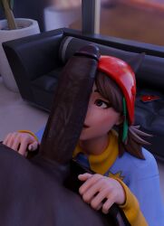 3d aubrey_(fortnite) avxbu blender blush brown_hair clothed cock_worship cute dark-skinned_male fortnite fortnite:_battle_royale huge_cock interracial light-skinned_female