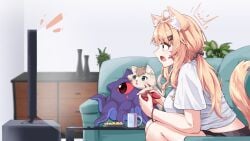 1girl ahoge animal animal_ear_fluff animal_ears bangs blonde_hair blush breasts cat cat_ears cat_tail catgirl face_markings fang female fox_ears fox_girl fox_tail hair_ornament hairclip holding indoors long_hair low_twintails open_mouth plant playing_games potted_plant red_eyes shirt short_sleeves shorts sitting smile squchan_(vtuber) t-shirt tail twintails very_long_hair virtual_youtuber vyugen white_shirt