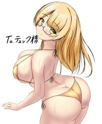 ass bikini blonde_hair breasts butt_crack cleavage commission eyebrows_hidden_by_hair female female_only from_behind glasses gold_bikini green_eyes kantai_collection large_breasts looking_at_viewer montemasa northampton_(kantai_collection) second-party_source semi-rimless_eyewear side-tie_bikini_bottom simple_background smile solo solo_female swimsuit translation_request under-rim_eyewear white_background