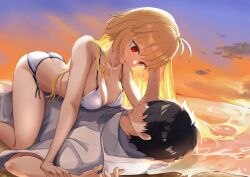 1boy absurdres archetype_earth arcueid_brunestud ass assertive_female bare_shoulders bikini black_hair blonde_hair breasts butt_crack cleavage collarbone cowgirl_position dusk fate/grand_order fate_(series) female fujimaru_ritsuka_(male) fujimaru_ritsuka_(male)_(summer_street) highres hood hoodie karulaz large_breasts long_hair looking_at_another male outdoors parted_lips red_eyes short_hair short_sleeves straight sunset swimsuit thighs very_long_hair white_bikini white_hoodie