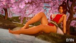 1girls b9n big_breasts big_breasts clean cleaning feet female flower flower_in_hair foot_fetish grass japanese japanese_clothes japanese_clothing king_of_fighters legs light-skinned_female light_skin looking_at_viewer mai_shiranui nature nipple_bulge outdoors outside petals red_clothing river rock rocks sitting smiling smiling_at_viewer thick_thighs thighs tree trees water