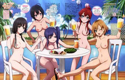 5girls ahoge alcohol aoi_miyamori beach beer beer_mug black_hair blue_hair blush breasts brown_hair chair cloud doughnut drink drinking_straw drunk ema_yasuhara female food glass hand_holding hand_on_hip long_hair low_twintails midori_imai misa_toudou multiple_girls navel nipples nude nude_filter ocean official_art one_eye_closed open_mouth palm_tree photoshop plate ponytail pool poolside pussy red_hair sakaki_shizuka sandals satou_youko shirobako short_hair side_ponytail sitting sky smile sweets table text tied_hair tree twintails water wink