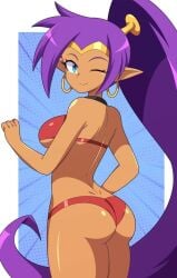 1girl abysswatchers almost_nude ass bikini black_woman blue_eyes booty breasts dark-skinned dark-skinned_female dark_skin earrings gold high_res jewelry medium_breasts ponytail purple_hair red_bikini red_outfit red_swim_trunks shantae shantae:_half-genie_hero shantae_(series) shantae_and_the_pirate's_curse shantae_and_the_seven_sirens skinny skinny_female skinny_girl skinny_legs skinny_waist swimsuit thin thin_female thin_waist