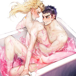 2boys anal bath black_eyes black_hair blonde_hair blush censored cowgirl_position curly_hair gay giorno_giovanna guido_mista hair_down heart heart_censor jojo's_bizarre_adventure long_hair multiple_boys riding sex straddling tears vento_aureo yaoi zakiko