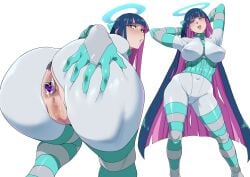 1girls anal anal_object_insertion anus arms_behind_head ass ass_focus bangs big_ass blue_hair blunt_bangs blush bodysuit breasts butt_plug buttplug censored clothing collar colored_inner_hair dat_ass female female footwear green_eyes halo hime_cut huge_ass large_breasts legwear light_skin long_hair looking_at_viewer looking_back minakami multicolored_hair naughty_face object_insertion open_mouth panty_&_stocking_with_garterbelt pink_hair purple_hair pussy sex_toy simple_background skin_tight smile solo spread_anus stocking_(psg) stocking_anarchy striped striped_legwear thick_thighs thighhighs thighs torn_clothes two-tone_hair vagina very_long_hair white_background