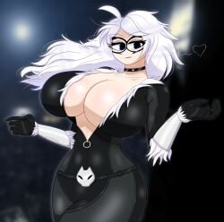 4k :3 belt big_breasts black_cat_(fortnite) black_cat_(marvel) black_lipstick blue_eyes blurry_background breasts breasts_bigger_than_head catgirl choker cleavage cleavage_cutout dynamic_pose epic_games face_mask felicia_hardy flirty fortnite fur gothtrishy heart hi_res highres huge_breasts lipstick long_hair looking_at_viewer marvel marvel_comics messy_hair open_jacket spider-man_(series) thick_thighs thighs tight_clothing tight_fit white_hair zipper_down