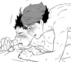 2boys all_fours black_hair blush closed_eyes flipped_hair gay greyscale haikyuu!! implied_anal implied_sex iwaizumi_hajime line_art looking_at_another lying m_(taika01_p) male monochrome multiple_boys nude oikawa_tooru_(haikyuu!!) on_stomach open_mouth profile saliva screentones sex short_hair sweat yaoi