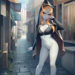 1girls ai_generated breasts cape clothing female female_only happy long_hair midna nintendo no_bra no_panties pussy ruptuorie small_breasts solo the_legend_of_zelda twili_midna twilight_princess