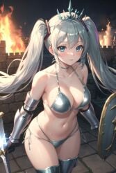 1girls ai_generated armor bikini cleavage collarbone female hatsune_miku shinjo_(artist) silver_swimsuit solo striped_bikini striped_swimwear swimwear vocaloid